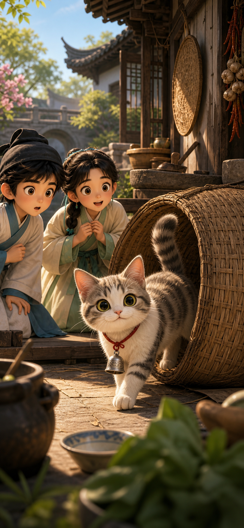 猫带着铃铛走出来