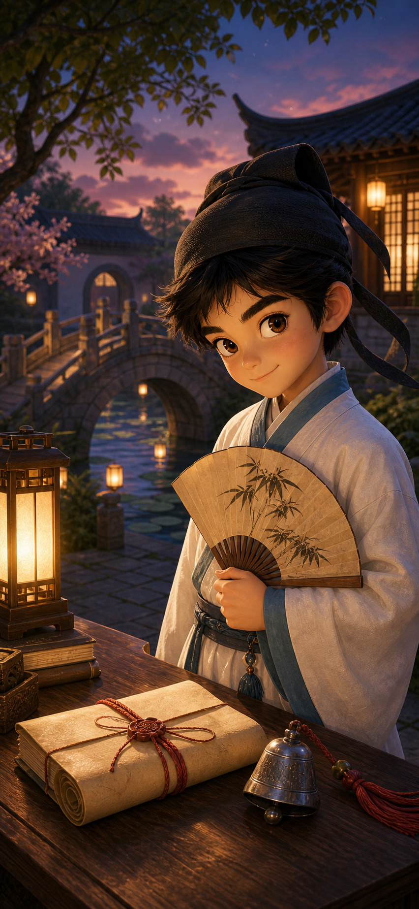 A case invitation scroll and silver bell at Moon Bridge Academy